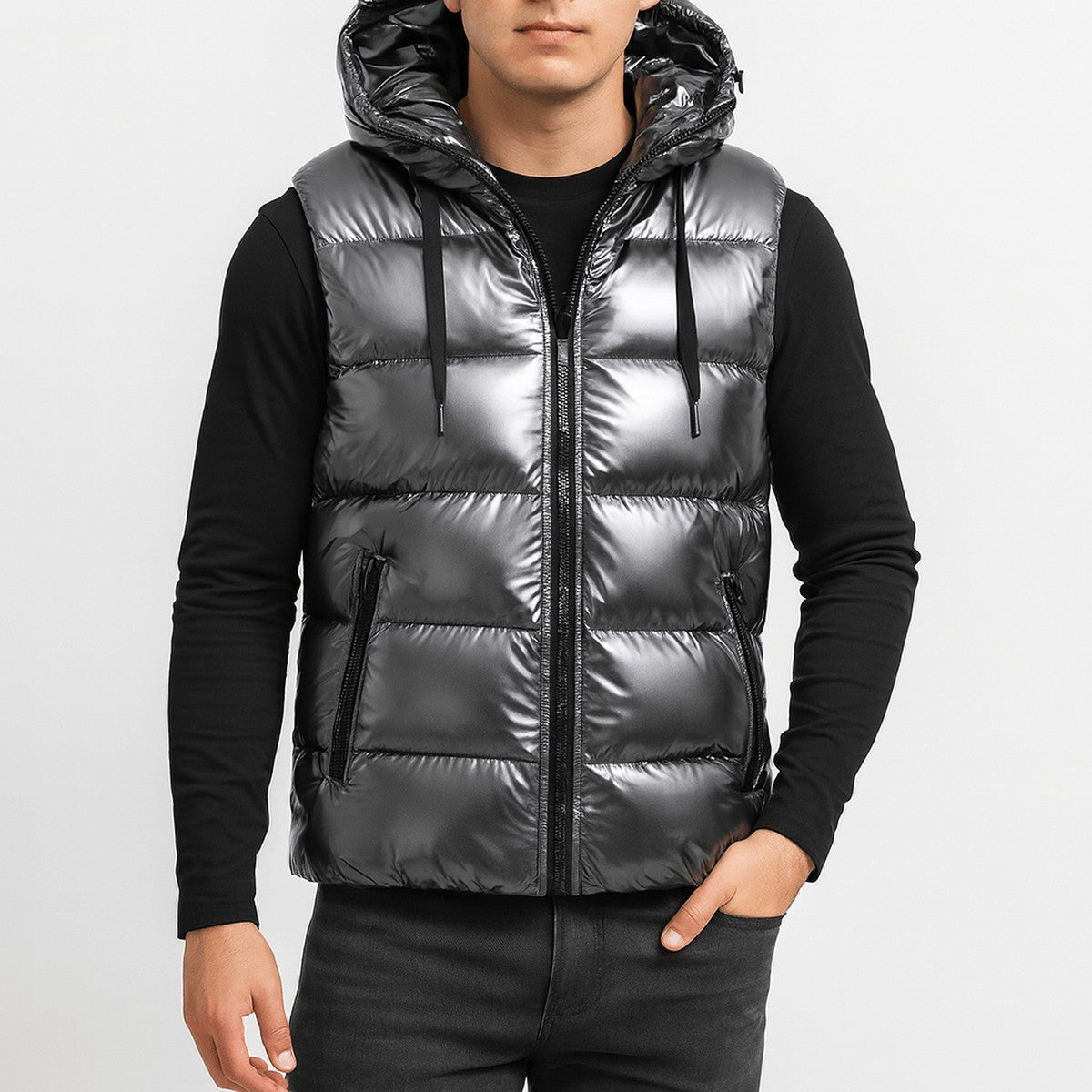 Gilet Trapuntato Lucido da Uomo con Collo Alto — foto 3