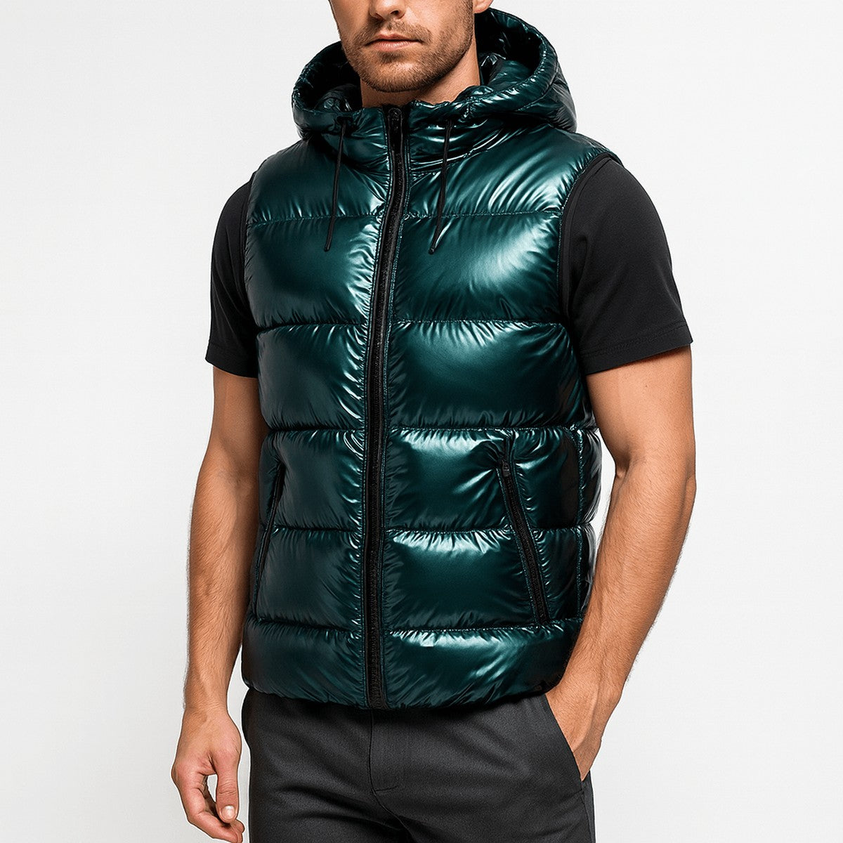 Gilet Trapuntato Lucido da Uomo con Collo Alto — foto 4