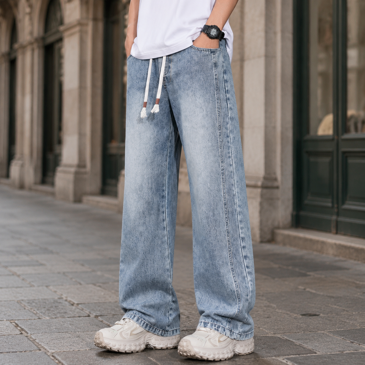 Jeans Wide Leg da Uomo Lavaggio Delavé