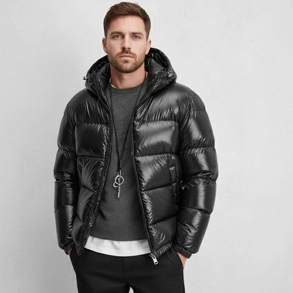Piumino Lucido da Uomo con Cappuccio e Zip Intera