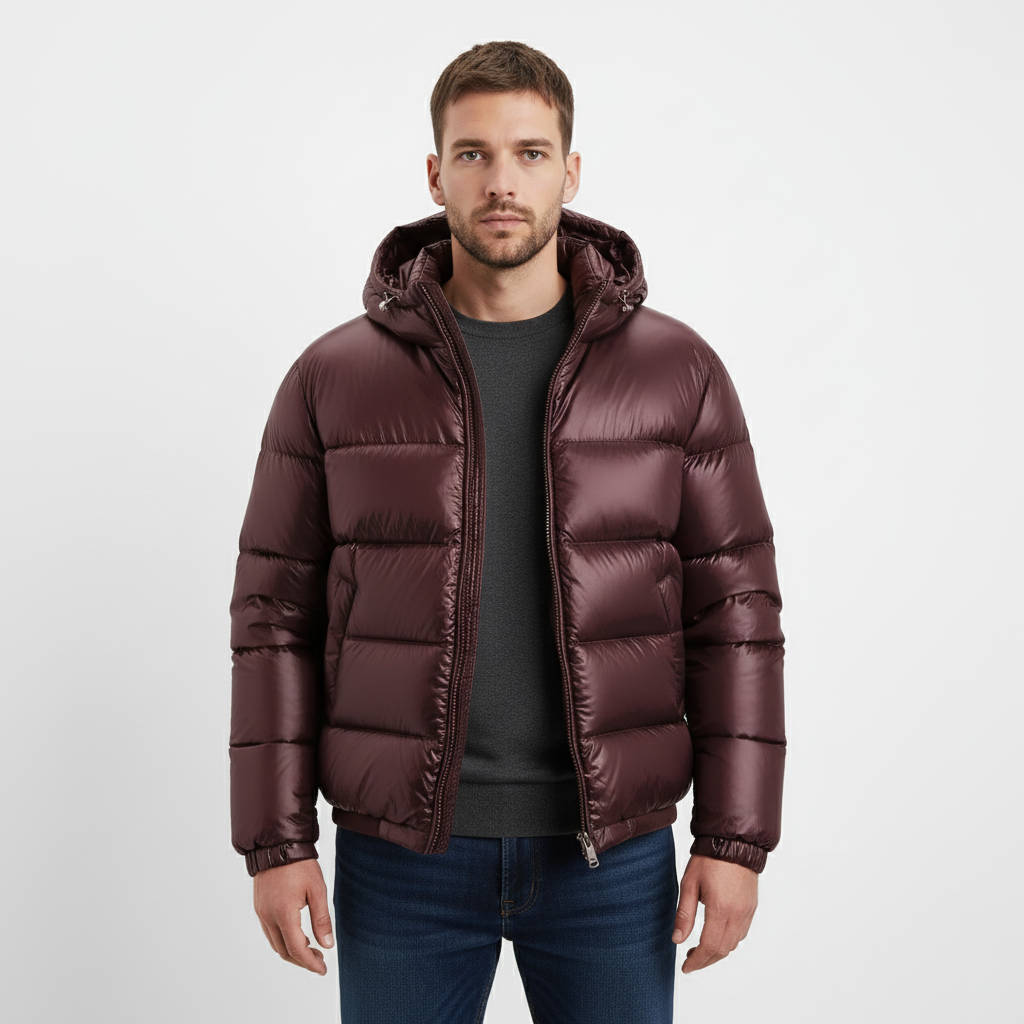 Piumino Lucido da Uomo con Cappuccio e Zip Intera — foto 4
