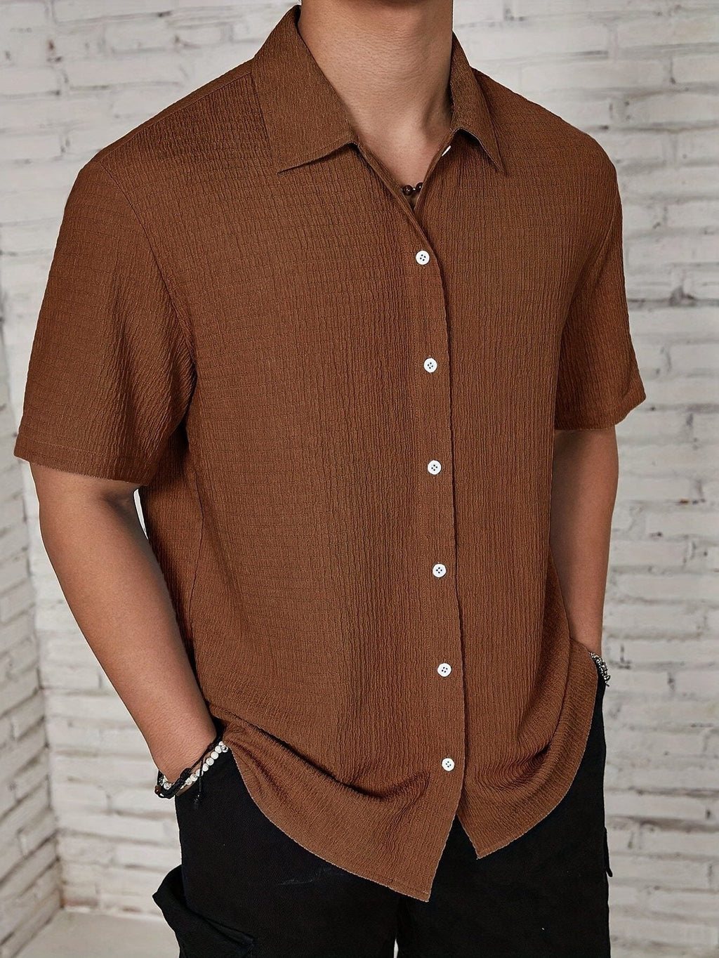 Camicia Collo Cubano da Uomo Manica Corta Testurizzata — foto 12