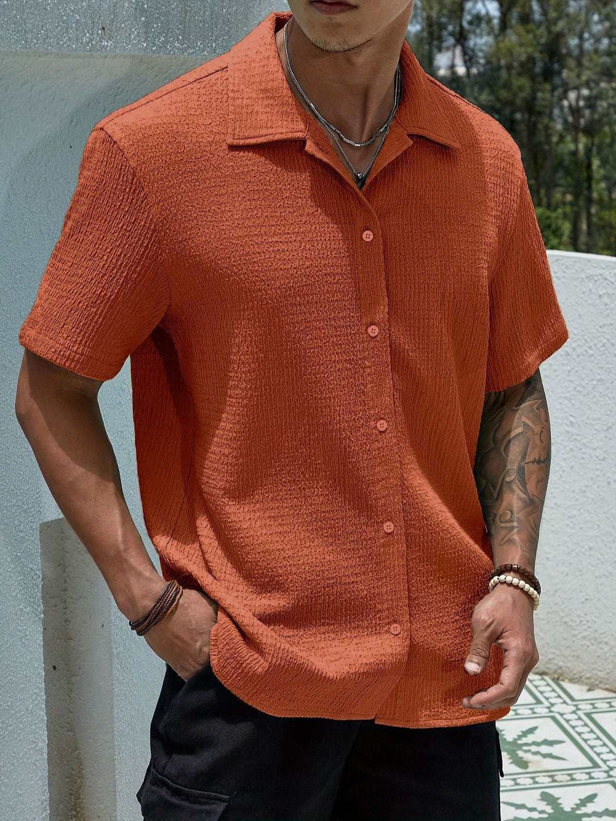 Camicia Collo Cubano da Uomo Manica Corta Testurizzata — foto 9