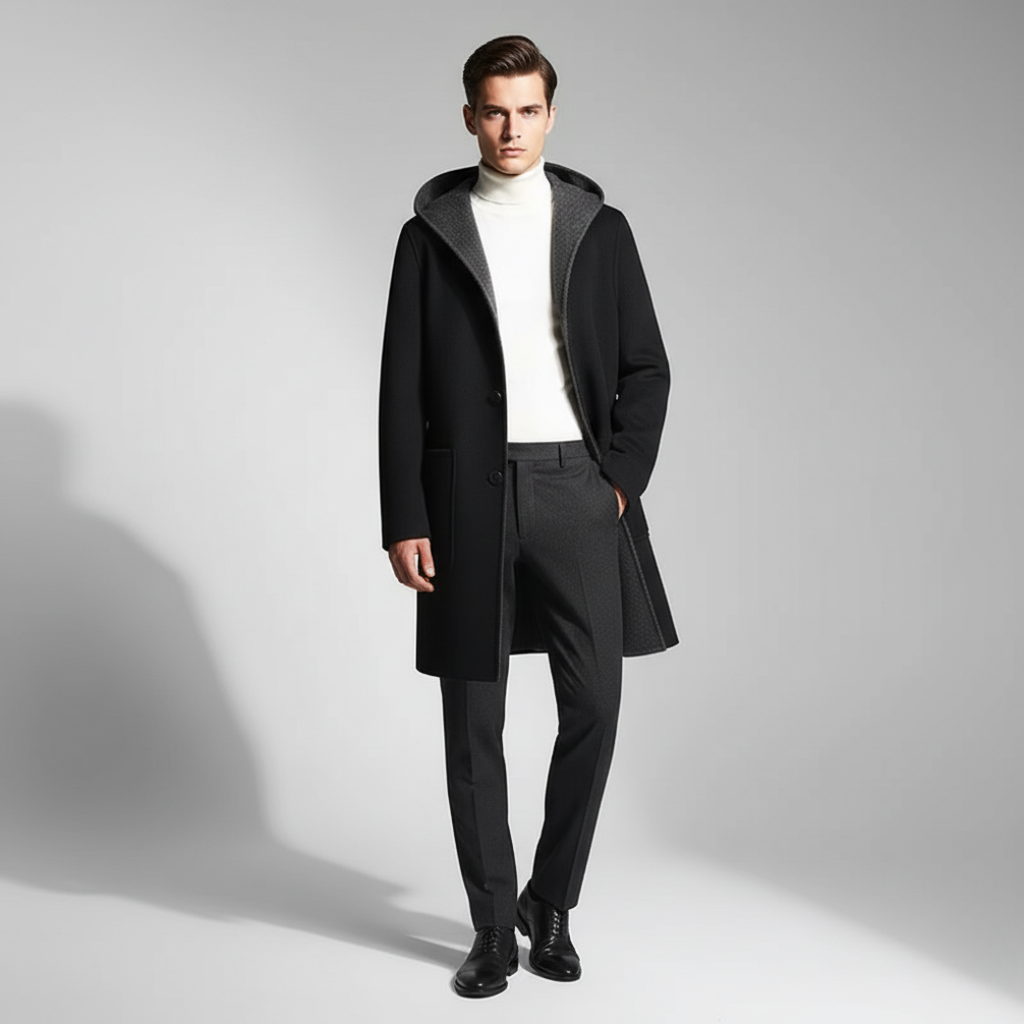 Trench Reversibile da Uomo con Cappuccio in Misto Lana
