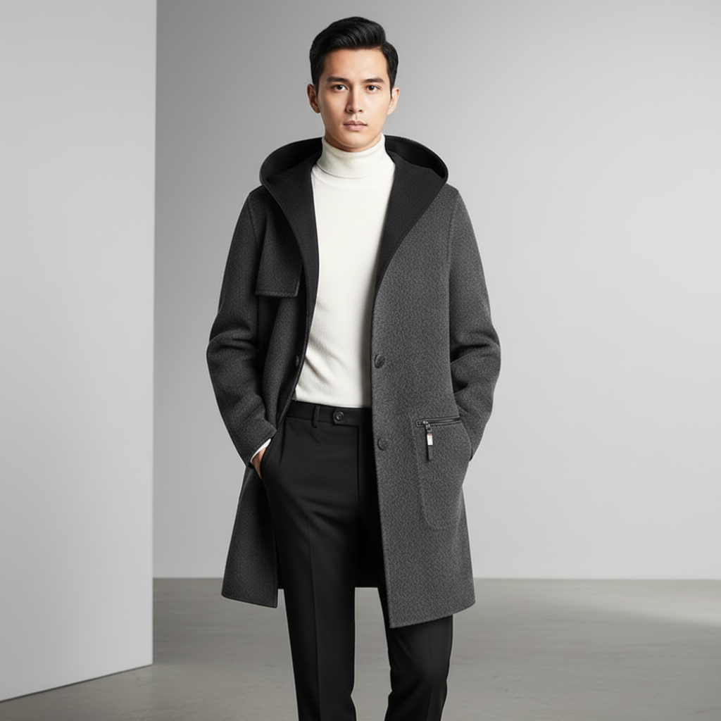 Trench Reversibile da Uomo con Cappuccio in Misto Lana — foto 3
